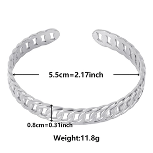 Adjustable silver stainless steel open bangle with 5.5cm inner diameter and 0.8cm width