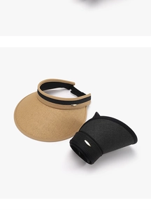 Detailed view of foldable UV protection sun visors in khaki and black woven colors