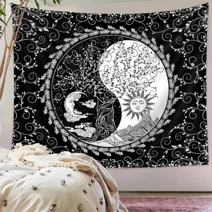 Close-up of tree of life sun and moon tapestry hanging as bedroom wall decor