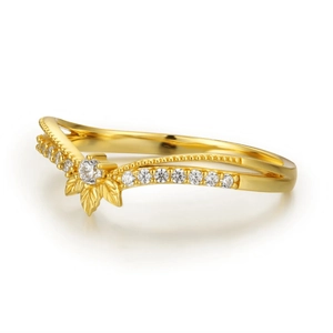 Elegant gold plated S925 silver double layer leaf ring with shimmering white zircons