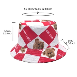 Plaid bucket hat with bear print and sun protection, head circumference 56-58cm for women
