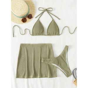 Three-piece olive green ribbed bikini set with halter top and matching wrap skirt