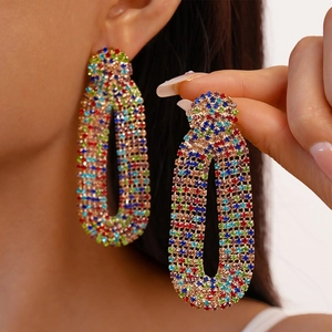 Colorful Zircon Long Oval Geometric Statement Earrings With 925 Sterling Silver Earring Post Copper Multicolored Niche