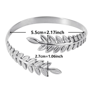 Detail view of silver stainless steel cuff bracelet with laurel leaf design and size specs