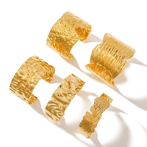 Hammered 14K gold-plated stainless steel wide cuff bracelets with lava texture