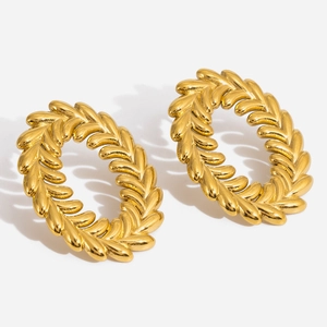 Vintage Stainless Steel Wheat Leaf Stud Earrings 18K Gold Plated Textured Oval Geometric Earrings For Women Jewelry Gift