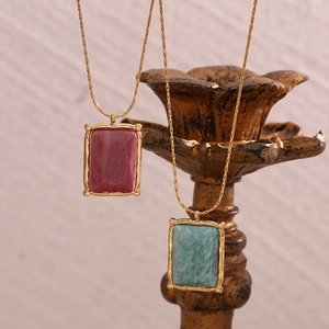18K gold plated stainless steel necklaces with rectangle pink and green natural stones