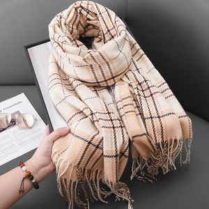 Classic plaid tassel scarf in beige and camel wool-like fabric for winter warmth
