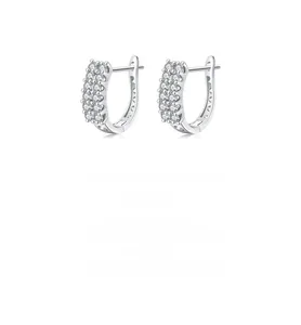 Close-up of S925 sterling silver U-shaped hoop earrings with double row sparkling zircons