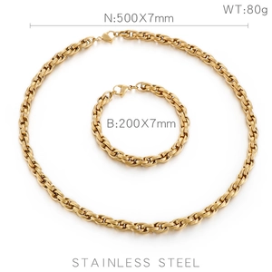 Detail of gold titanium steel jewelry set with exact necklace and bracelet dimensions