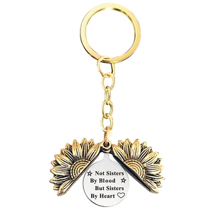 Detail of opening sunflower keychain with sisters by heart engraving on inner metal disk