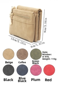 Detailed view of women's retro zipper wallet with dimensions 13x9x4cm and multi-layer slots