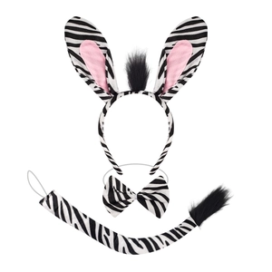 Three-piece zebra costume set for kids including headband with ears, bowtie, and long tail