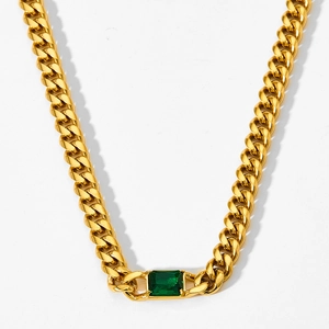 Retro golden Cuban link necklace featuring a bold rectangular emerald zircon pendant