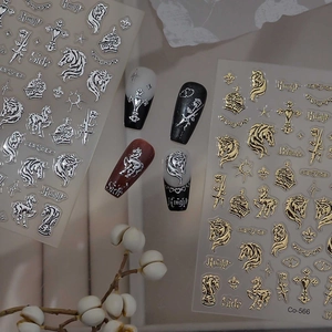 Metallic knight series nail art stickers with gold and silver horse and cross designs