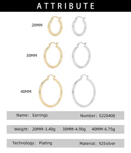 Size chart showing 20mm, 30mm, and 40mm diameter for 925 sterling silver hoop earrings