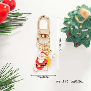 Detailed size specifications for cartoon Santa Claus metal keychain with faux pearl charm