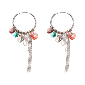 Silver crystal heart fringe earrings with colorful tassels and hoop design for women