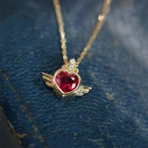 925 Sterling Silver 18K Gold Heart Necklace with Red Corundum Wing Pendant