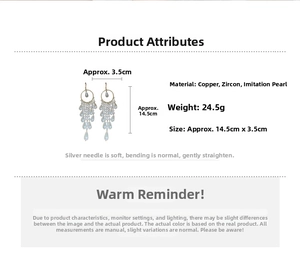 Detailed size and material chart for long tassel pearl earrings with zircon and copper