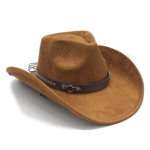 Detail of tan faux suede cowboy hat with studded leather band and windproof rope