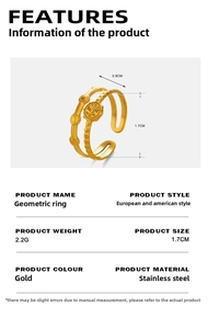 Detailed size chart for the geometric 18K gold-plated stainless steel open ring