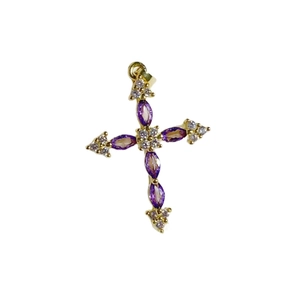 Gold plated cross pendant with purple marquise gems and white rhinestones decoration