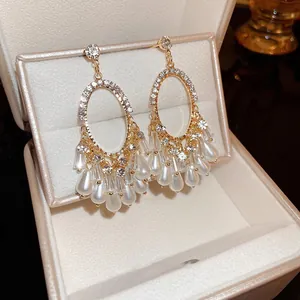 Boucles D'oreilles Pendantes Ovales Style Palais Vintage Avec Strass Künstliche Perles D'imitation Et Tige En Argent Pour Femme