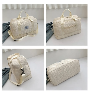 Detailed four-way view of star-quilted travel bag with handles and detachable strap