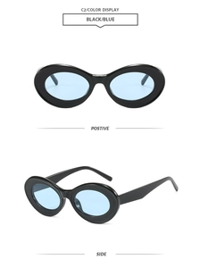 Front and side view of retro oval sunglasses with black frames and light blue lenses
