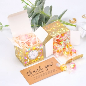 Holographic gold cube gift box with thank you sticker for candy and small favors