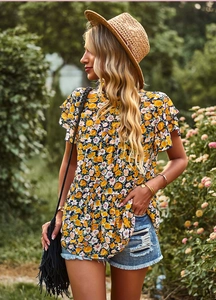 Close-up of floral print blouse featuring ruffle sleeves and vibrant flower patterns