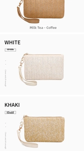 Straw woven wristlet purses in three colors with gold zippers and detachable straps