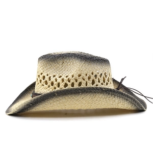 Detail of hand-woven gradient straw cowboy hat with turquoise beads and ventilated crown
