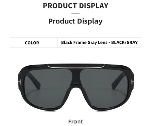 Front view of pilot sunglasses featuring a black frame and metallic T-shaped temple detail