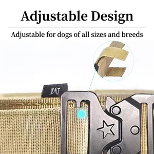 Tactical khaki nylon dog collar with metal quick-release buckle and adjustable M-size strap