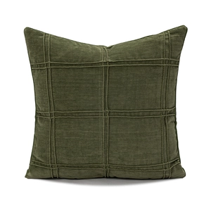 Deep green square velvet throw pillow with quilted plaid texture for living room sofa