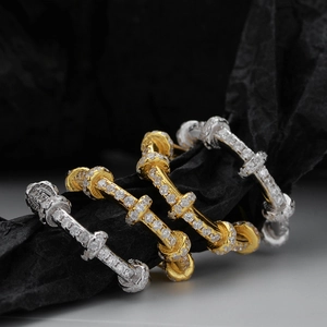 Minimalist S925 sterling silver geometric T-shaped pavé band ring in gold and silver