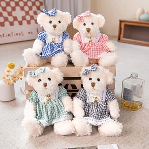 Couple Teddy Bears Plush Soft Stuffed Animal With Plaid Outfits Lace Dress Pastoral Style Kids Girls Home Decor Gift
