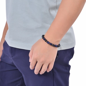 8mm blue tiger eye and black lava stone beaded bracelet for men with zircon accents