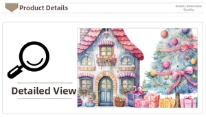 Detail of pink Christmas snow house and decorated tree watercolor wall stickers