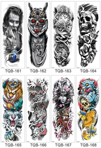 Detailed catalog of 8 full arm temporary tattoos with skull, wolf, and dragon motifs