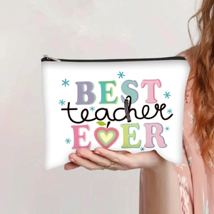 Detailed view of Best Teacher Ever canvas makeup bag with colorful floral lettering