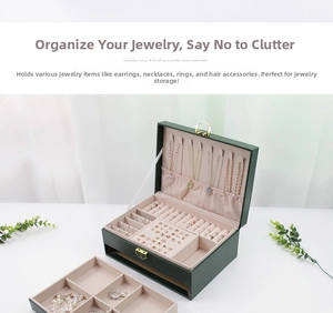 Detail showing dark green leather jewelry box with multi-layer storage compartments