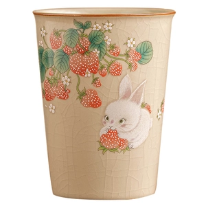 Ru-kiln ceramic tea cup with ice-crack glaze, strawberry and white rabbit patterns