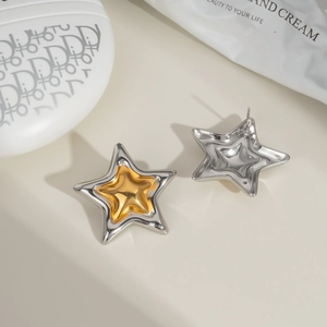 Vue détaillée de boucles d'oreilles étoile en titane argenté et bicolore doré poli
