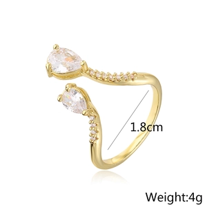 Detailed view of 18K gold plated ring with zircons showing 1.8cm diameter and 4g weight