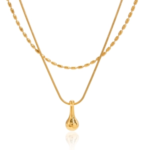 Polished double layer gold necklace featuring a sleek water drop pendant and bead chain