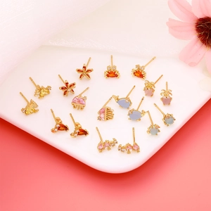 Cute gold ocean themed stud earring set with colorful zircon starfish and jellyfish