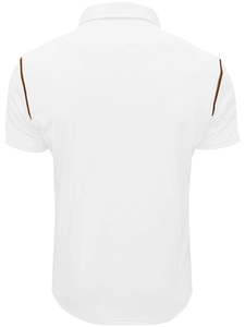 Rear view of white short-sleeve polo shirt for men featuring brown piping on shoulder seams